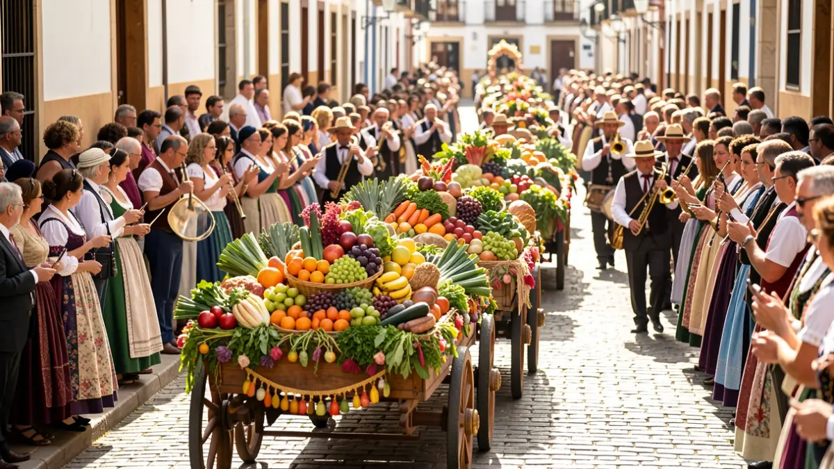 Generic image of a Canarian Romería with carts and public.