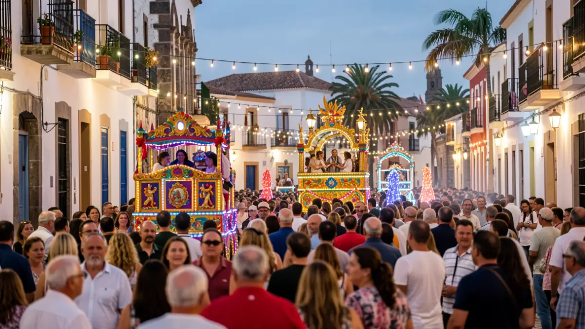 Generic image of a festival parade in Gáldar with floats and crowds.
