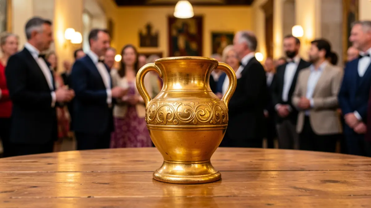 Primer plano de una Pintadera de Oro, premio otorgado en Gáldar a vecinos destacados por su contribución al desarrollo del municipio.