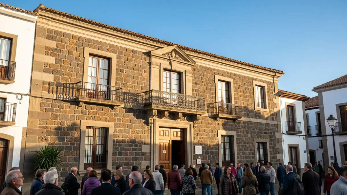 Fachada de un ayuntamiento tradicional canario con balcón de piedra.