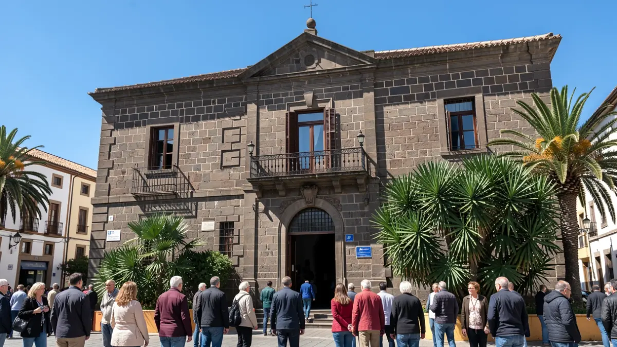 Fachada de un ayuntamiento canario con arquitectura de piedra y balcón, rodeado de plantas verdes y cielo azul.