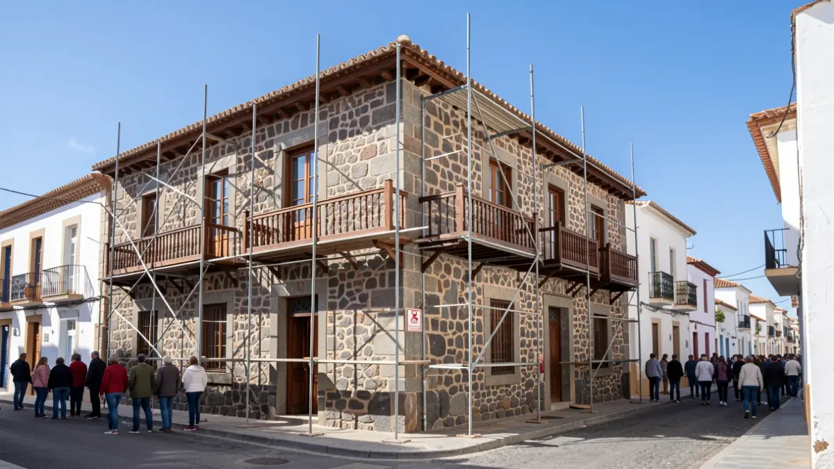 Facade of the Casa de Borges Linares in Gáldar, Gran Canaria, during its renovation to become a sculpture school.