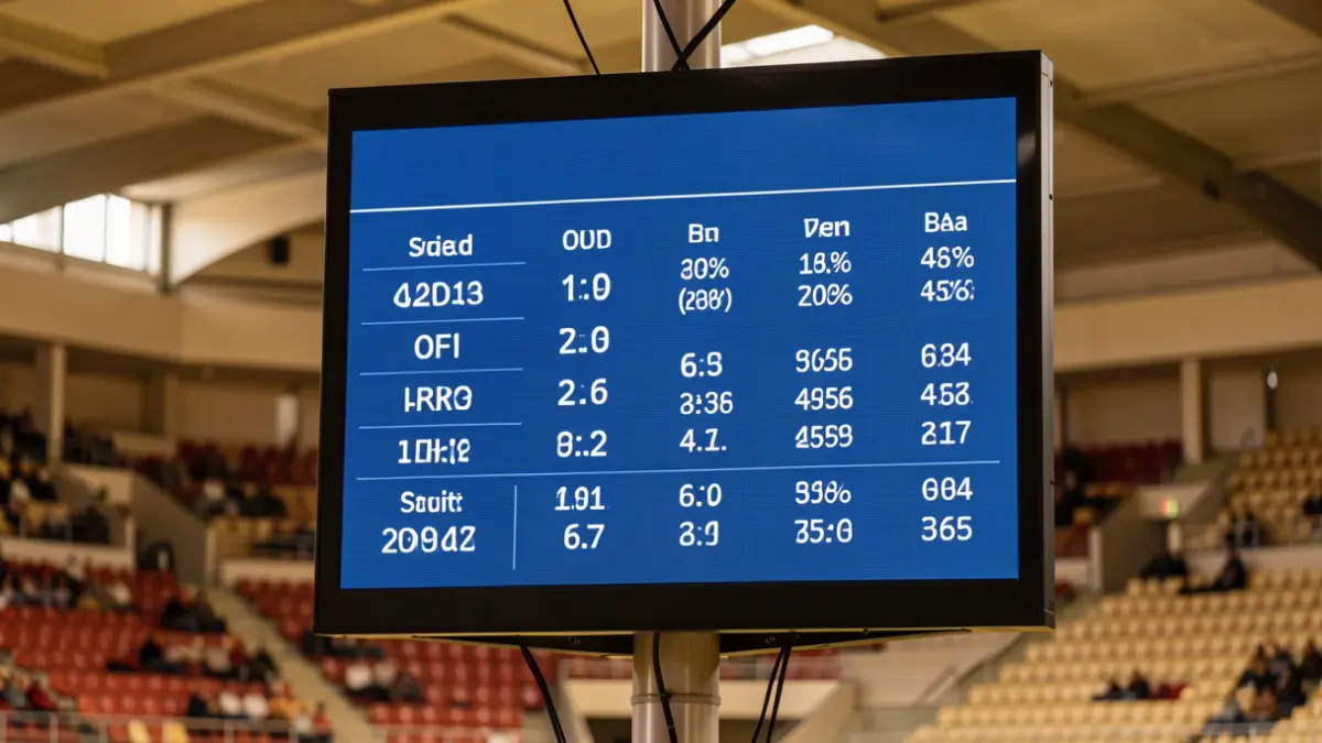 Generic image of an LED scoreboard in a sports center.