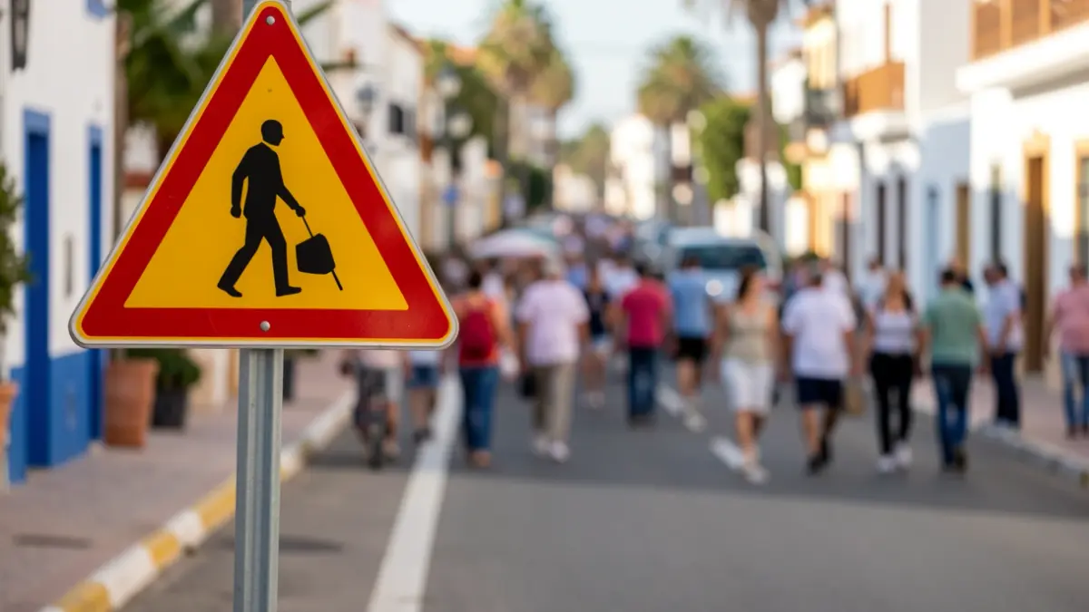 Road warning sign in Gáldar, Gran Canaria, with a summer street background.