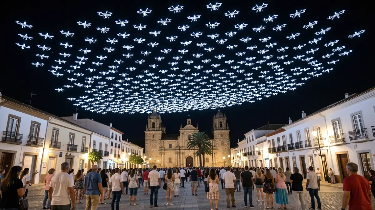 Drone show illuminating the historic center of Gáldar during the Fiestas Mayores de Santiago.