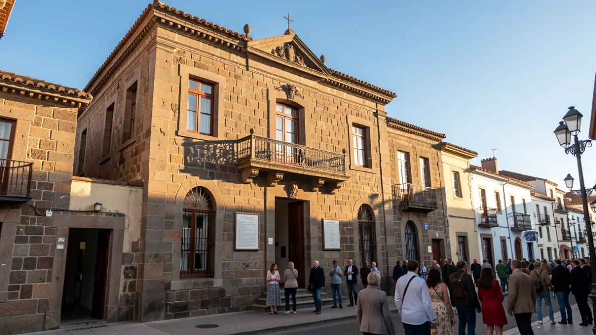 Fachada de un ayuntamiento canario tradicional con arquitectura de piedra y balcón ornamentado, bajo un cielo azul claro. Luz cálida de la tarde.