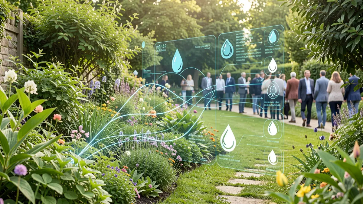 Interfaz de gemelo digital superpuesta sobre un jardín exuberante, mostrando predicción de necesidades hídricas y riego optimizado.