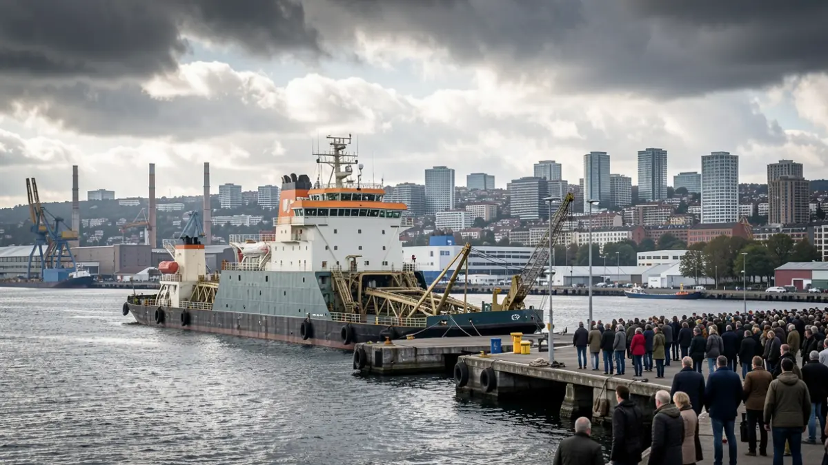 Floating power plant docked in an industrial port with a city skyline in the background.