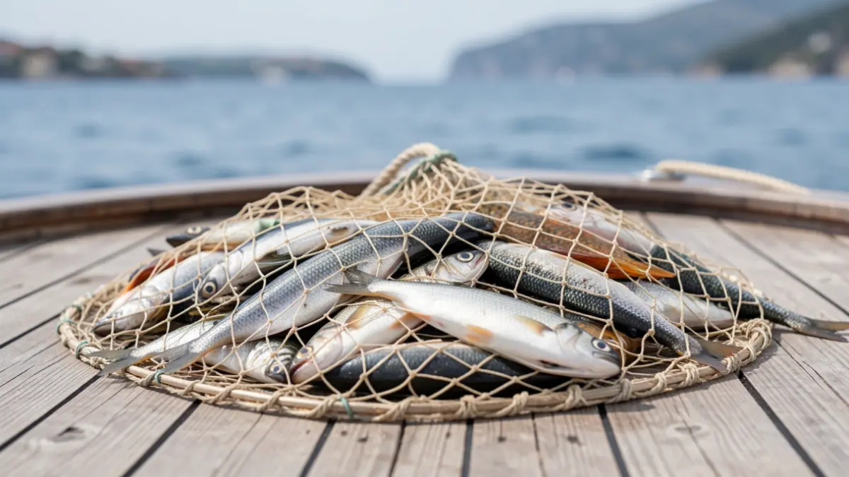 Red de pesca con peces variados sobre cubierta de madera de barco, con el mar y la costa difuminados al fondo.