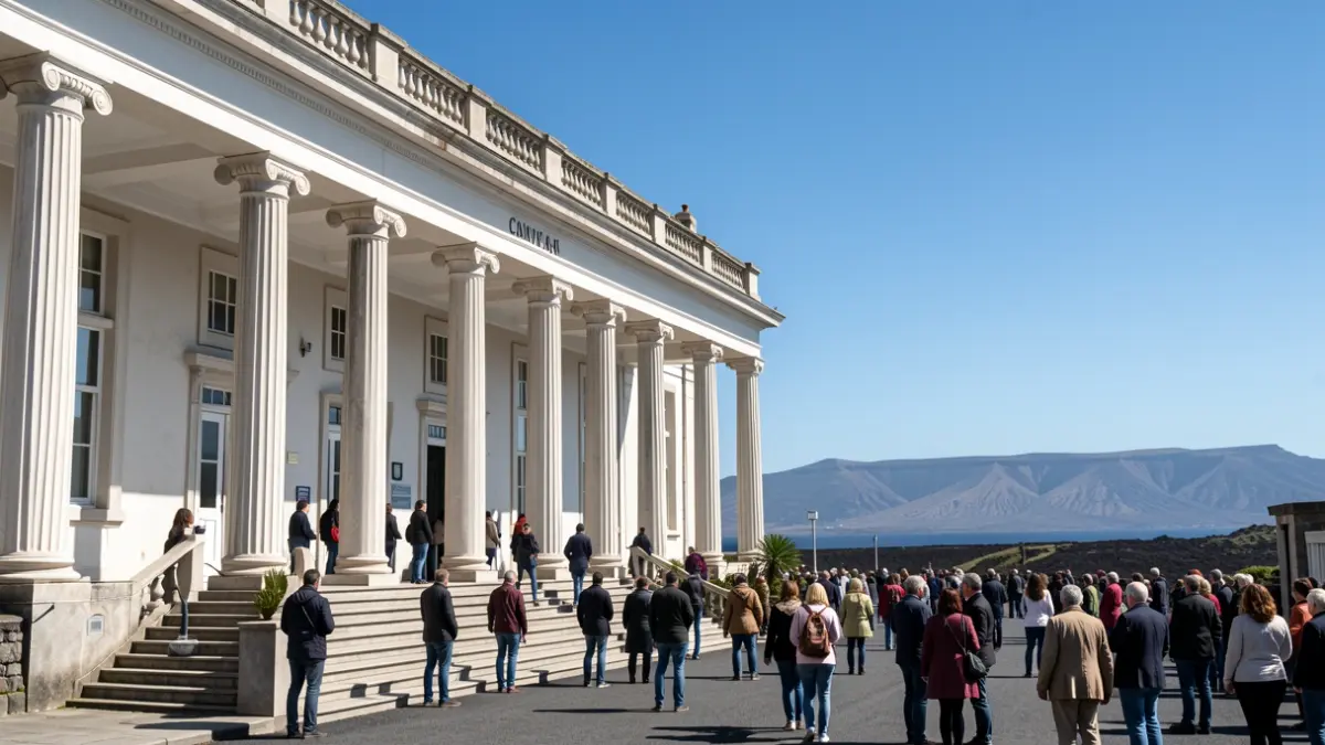 Fachada del edificio del Gobierno de Canarias con columnas, bajo un cielo azul claro.