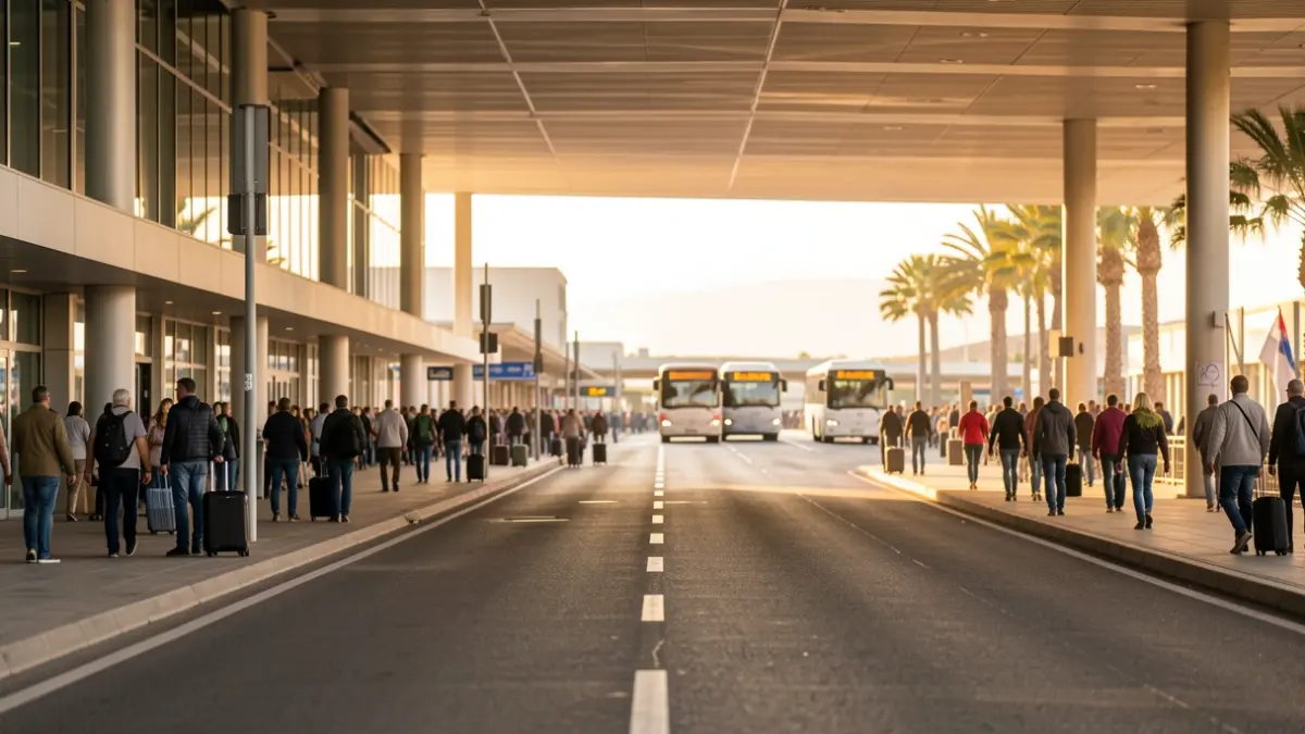 Generic image of an airport entrance in Canarias with blurred generic buses and travelers.