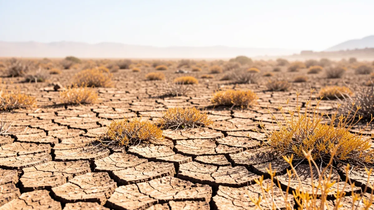 Generic image of dry earth and sparse vegetation under a scorching sun, indicating fire risk.