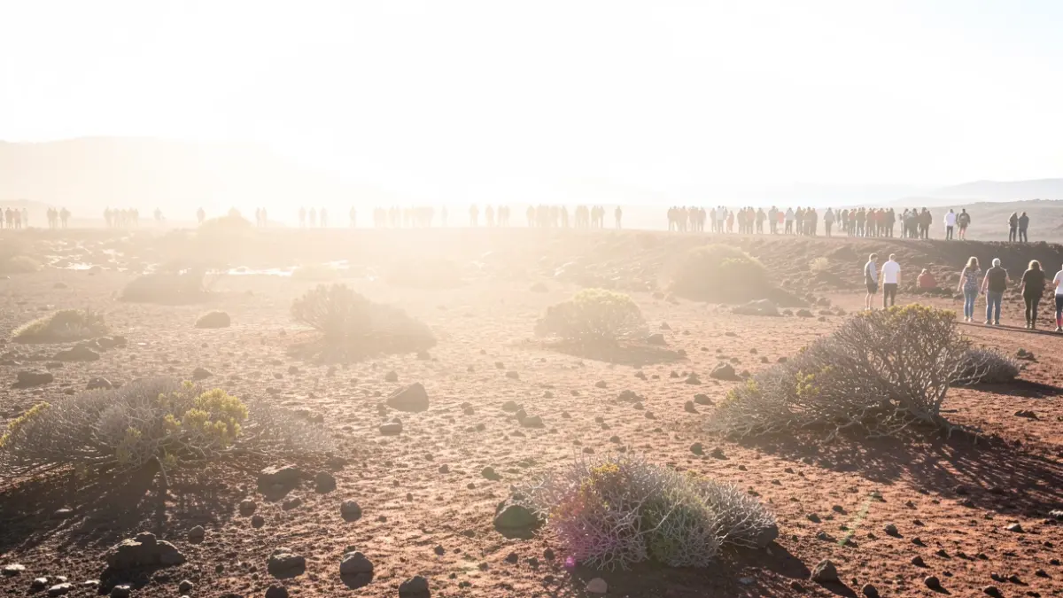 Arid volcanic landscape under intense sun during a high temperature episode.