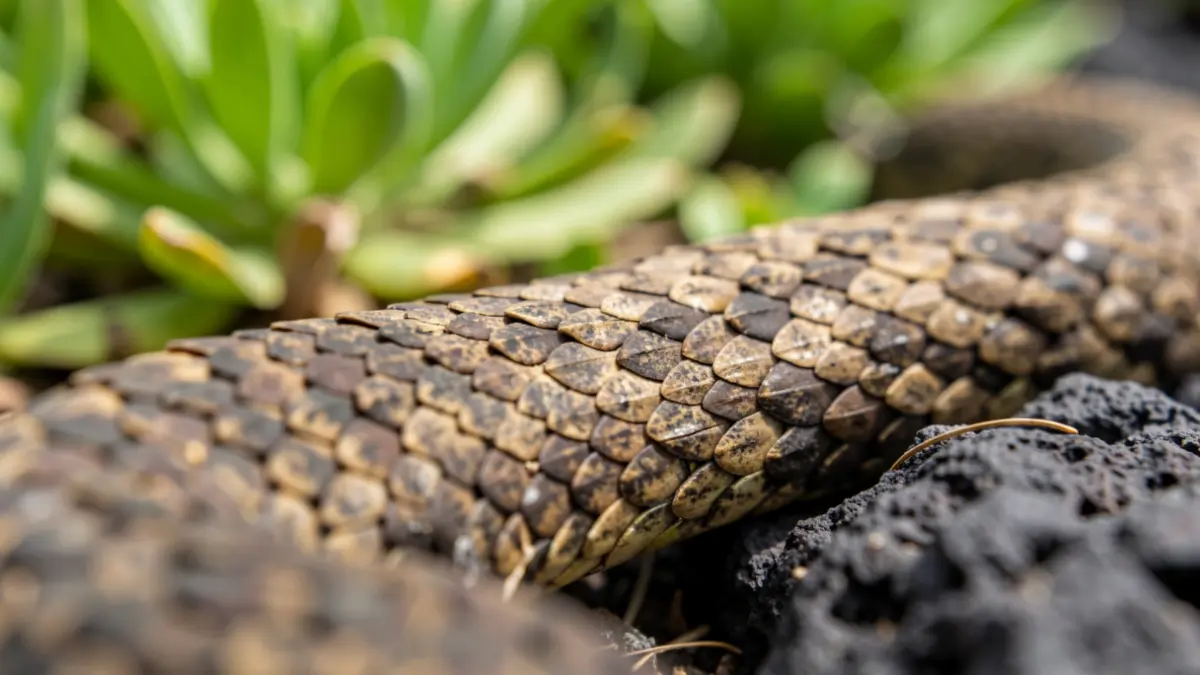 Close-up of snake scales with a blurred background of vegetation and volcanic rock.