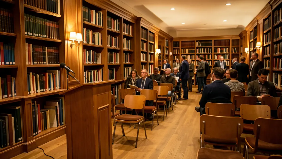Imagen genérica de una biblioteca municipal con estanterías de madera y ambiente acogedor.