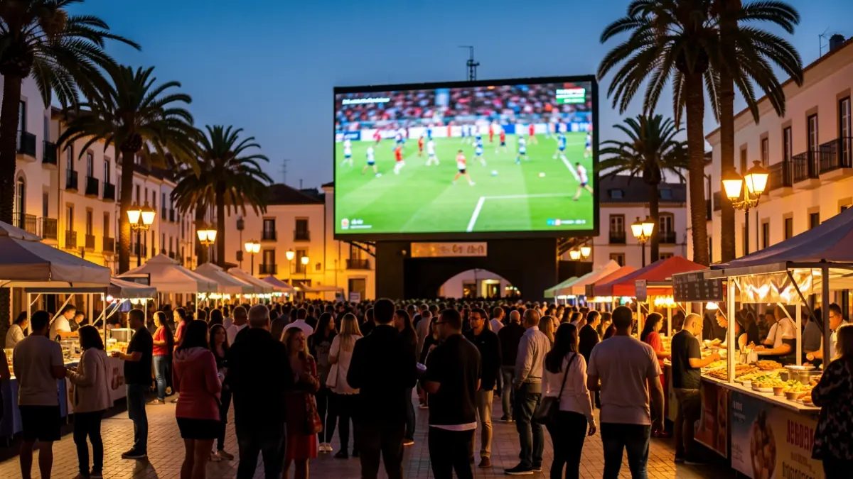 Generic image of a square in Gran Canaria with people enjoying a football match on a giant screen at dusk.