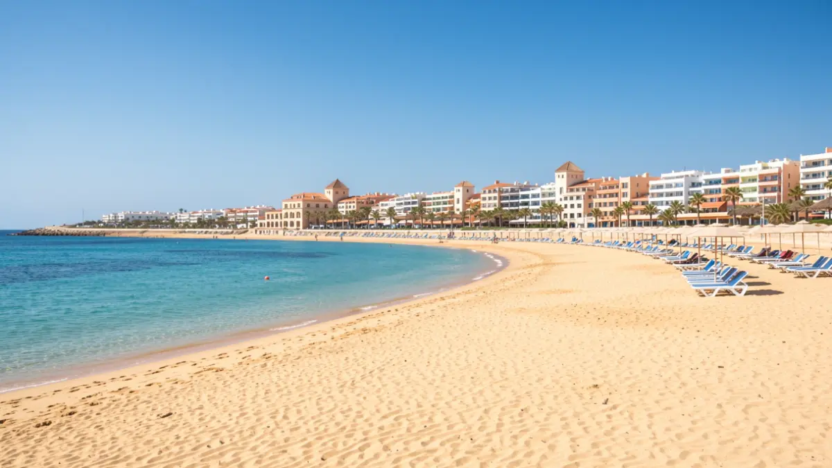 Playa de Gran Tarajal en Fuerteventura, limpia y preparada para la temporada alta de verano.