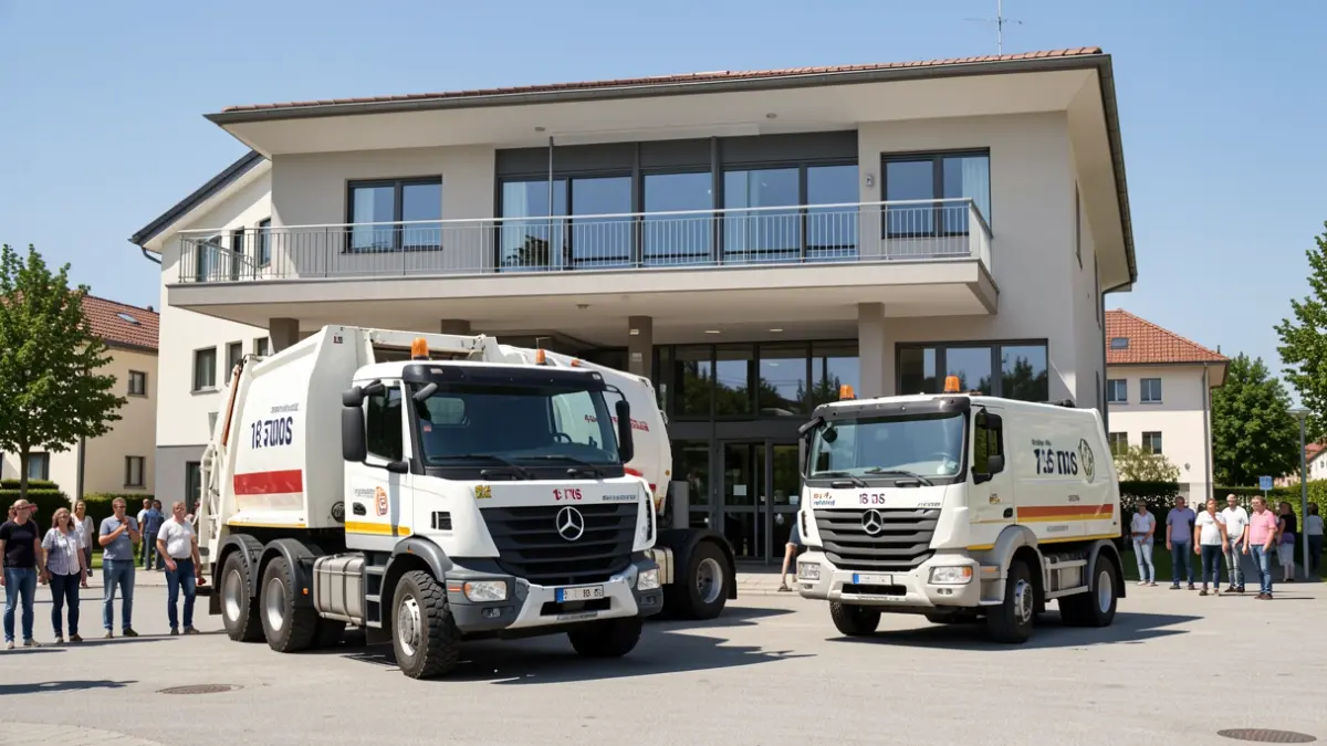 Two municipal waste collection trucks from the Granadilla de Abona City Council in front of the town hall.