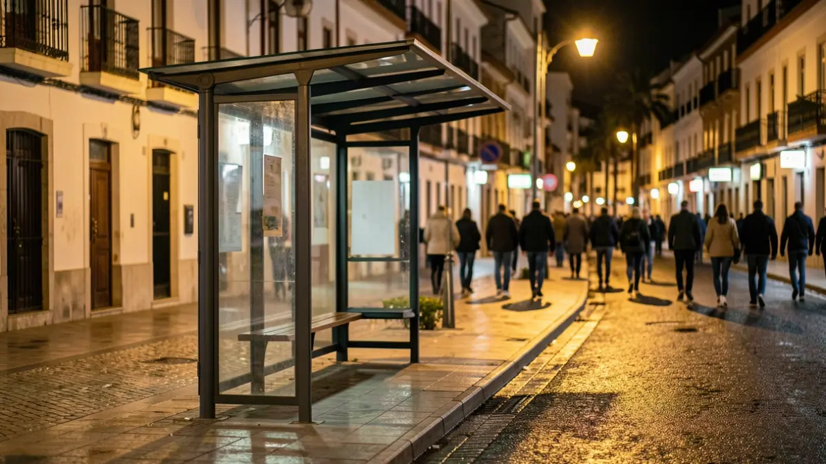 Imagen genérica de una parada de autobús vacía en una localidad canaria durante la noche.