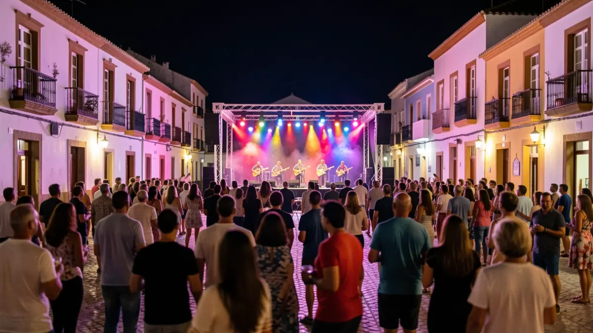 Imagen genérica de un concierto nocturno en una plaza de Canarias con arquitectura tradicional.
