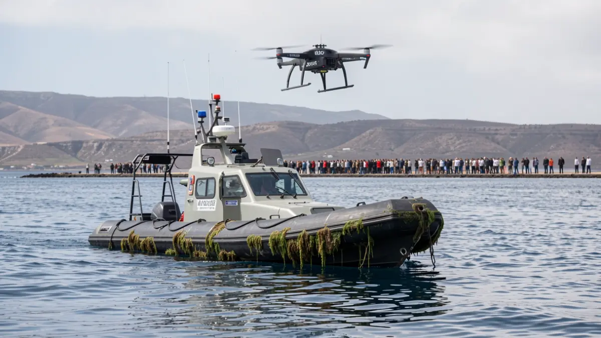 Embarcación semisumergida cerca de la costa de Tenerife, con un dron policial sobrevolándola.