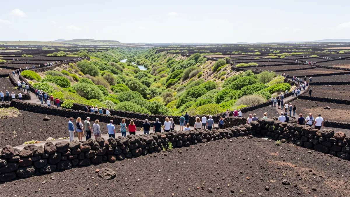 Rural landscape with volcanic stone walls in an agricultural area of Lanzarote.