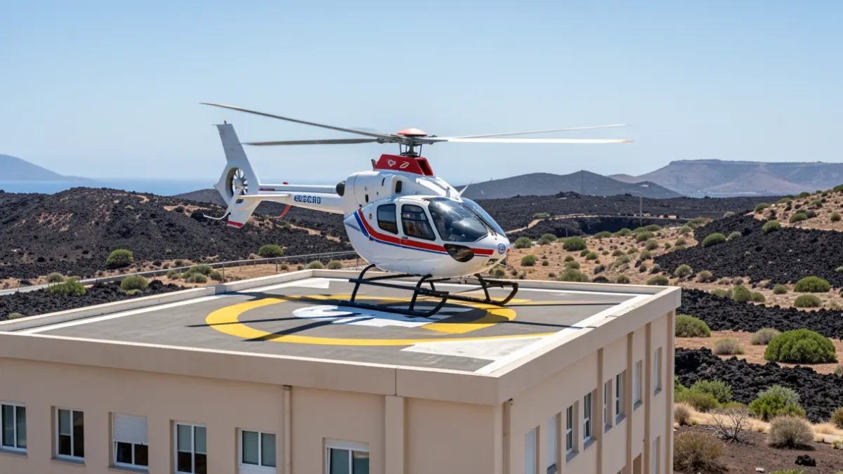 Medical helicopter landing on the helipad of the University Hospital Complex of the Canary Islands (HUC).