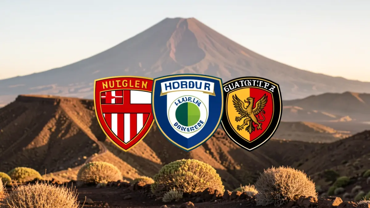 Generic image of three football club crests merging in the volcanic landscape of Tenerife.