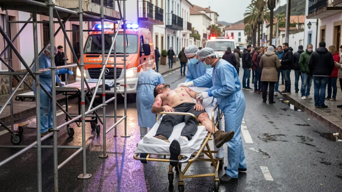 Hombre herido siendo atendido por sanitarios tras caer de un andamio en Agulo, La Gomera.