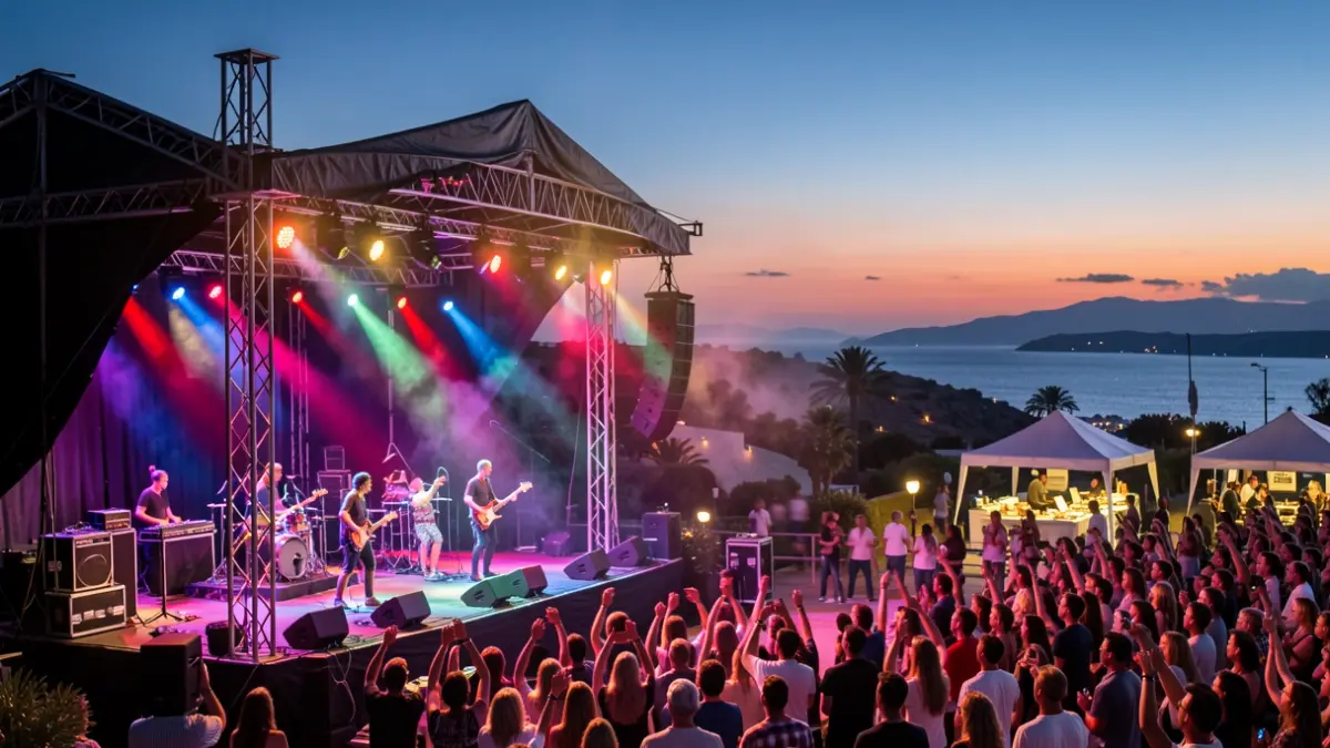Scene of an outdoor music festival with an illuminated stage and blurred audience.