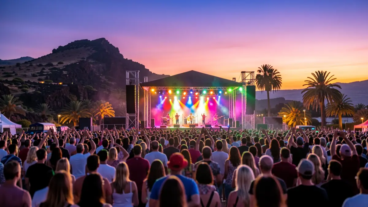 Outdoor music festival scene at dusk with colorful lights and crowd.