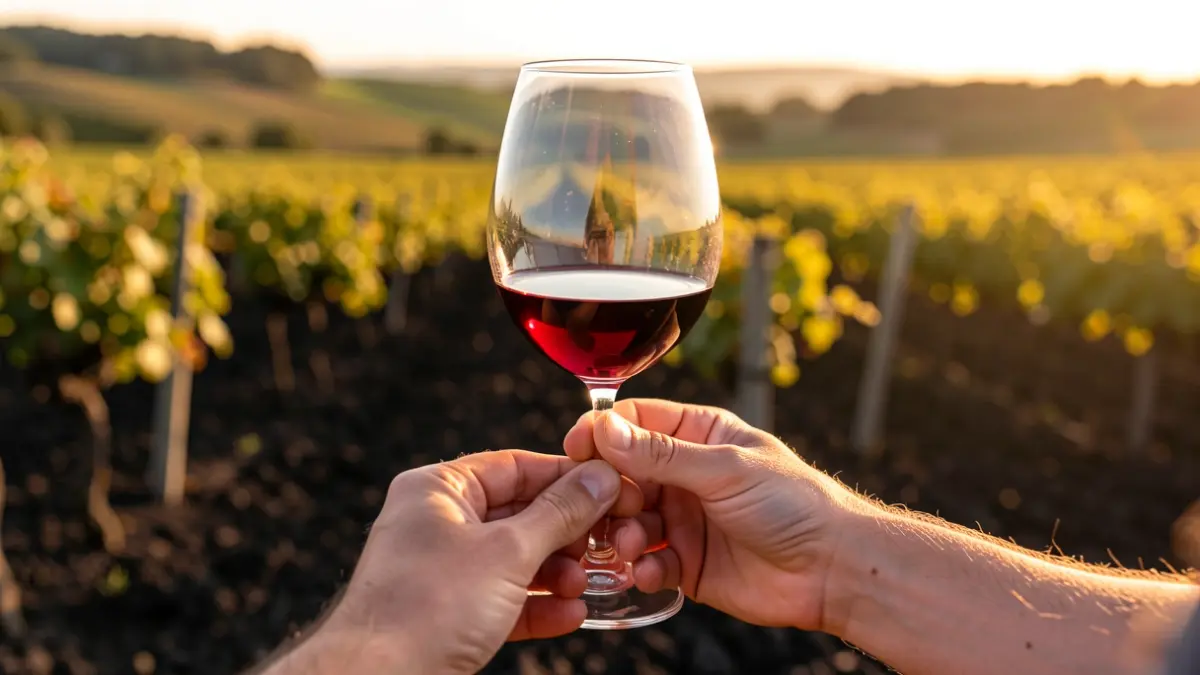 Imagen genérica de una copa de vino en un viñedo.