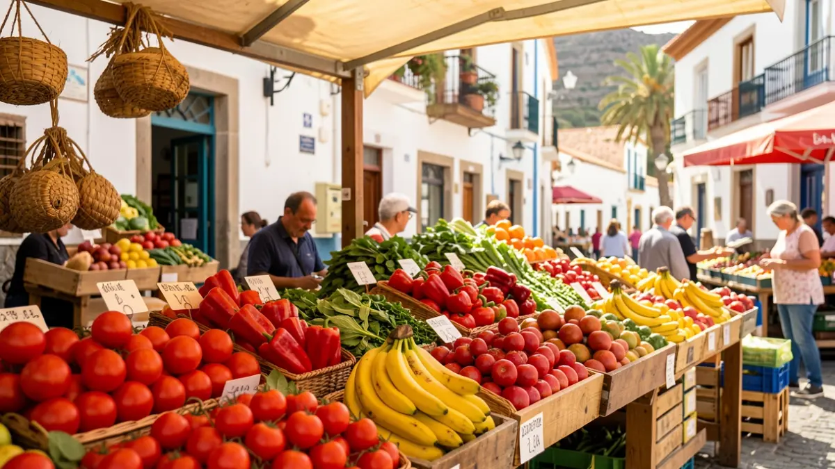 Agricultural market stall in the Canary Islands with local produce and traditional architecture.