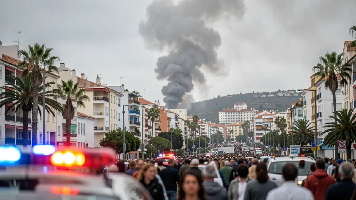 Generic image of a smoke column rising over an urban area with blurred emergency lights.