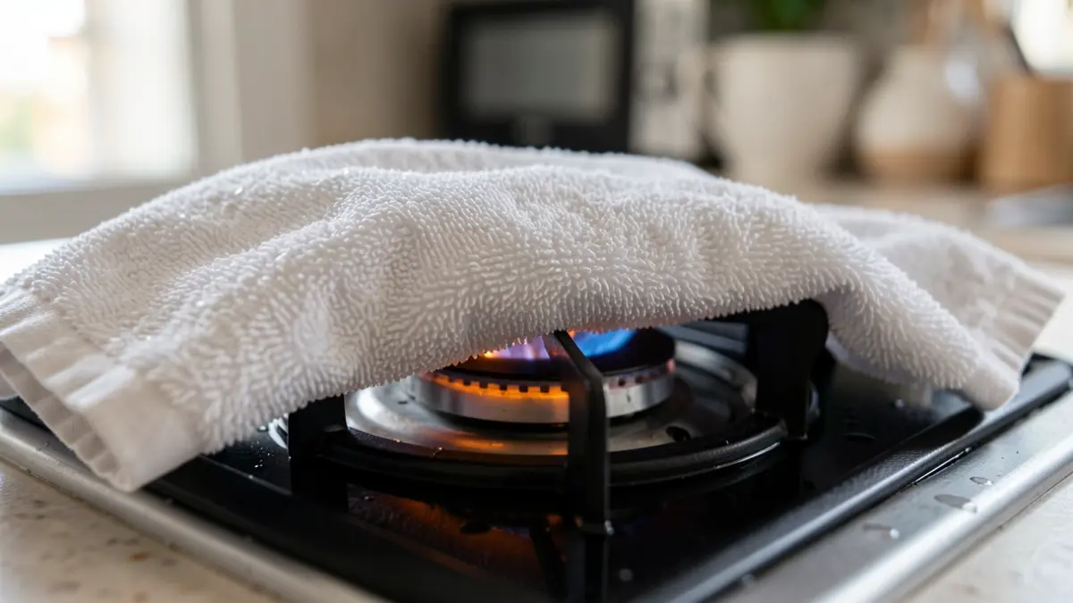 Wet towels on a lit electric stove burner in Tenerife.