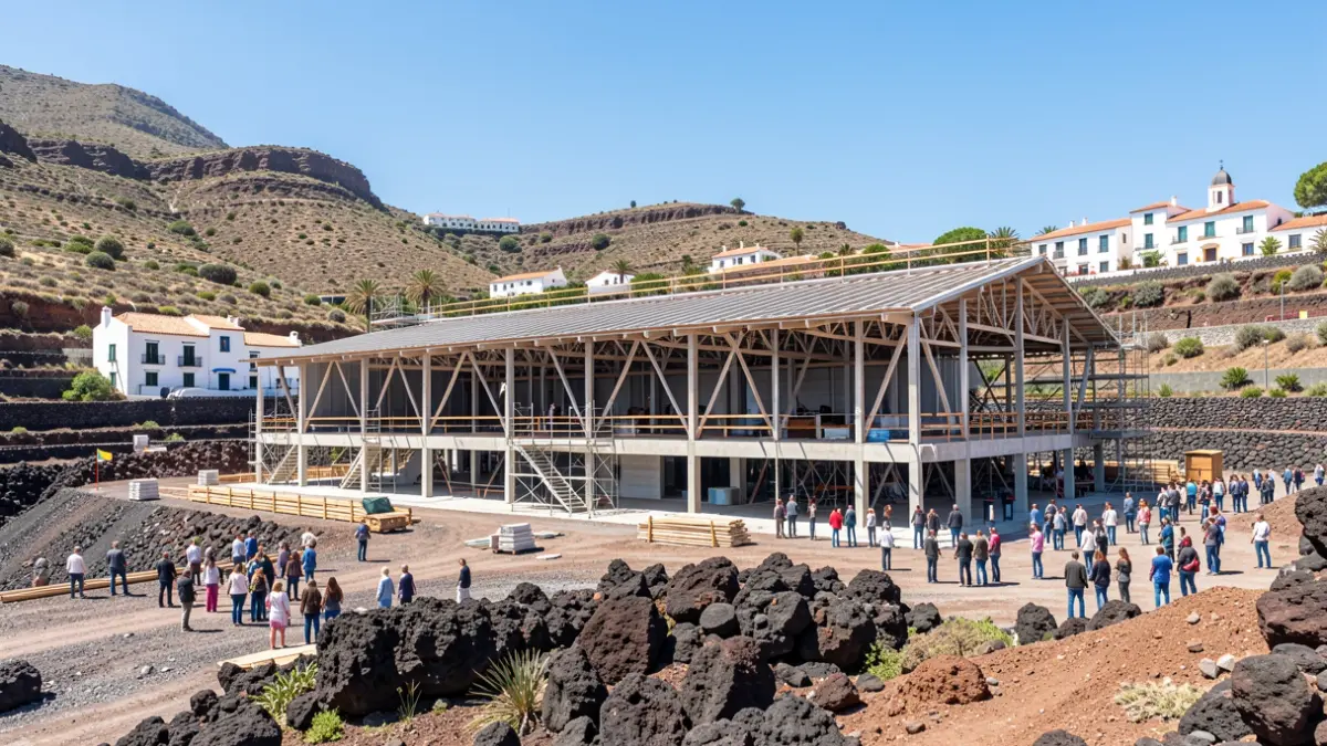 Imagen genérica de la construcción de un moderno pabellón ferial en Canarias.