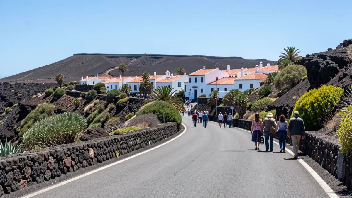 Generic image of a Canarian landscape with traditional architecture and a road.