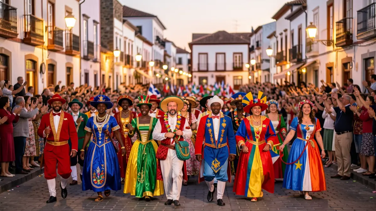 Imagen genérica de un desfile multicultural en una plaza de Canarias al atardecer.
