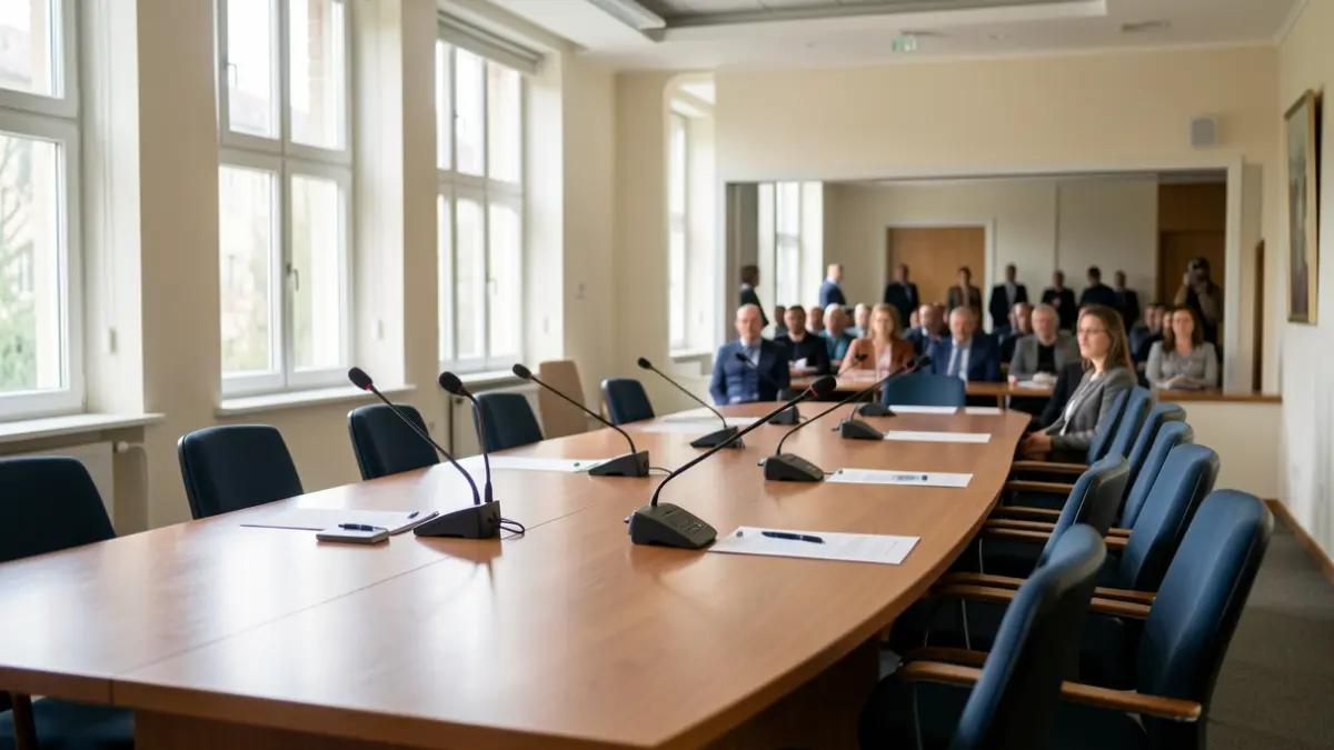 Sala de plenos municipal preparada para una sesión de trabajo institucional.