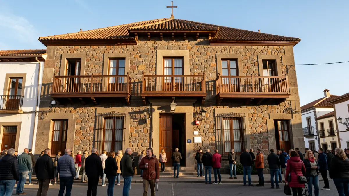 Facade of a traditional Canarian town hall with wooden balconies and stone walls in the afternoon sun.