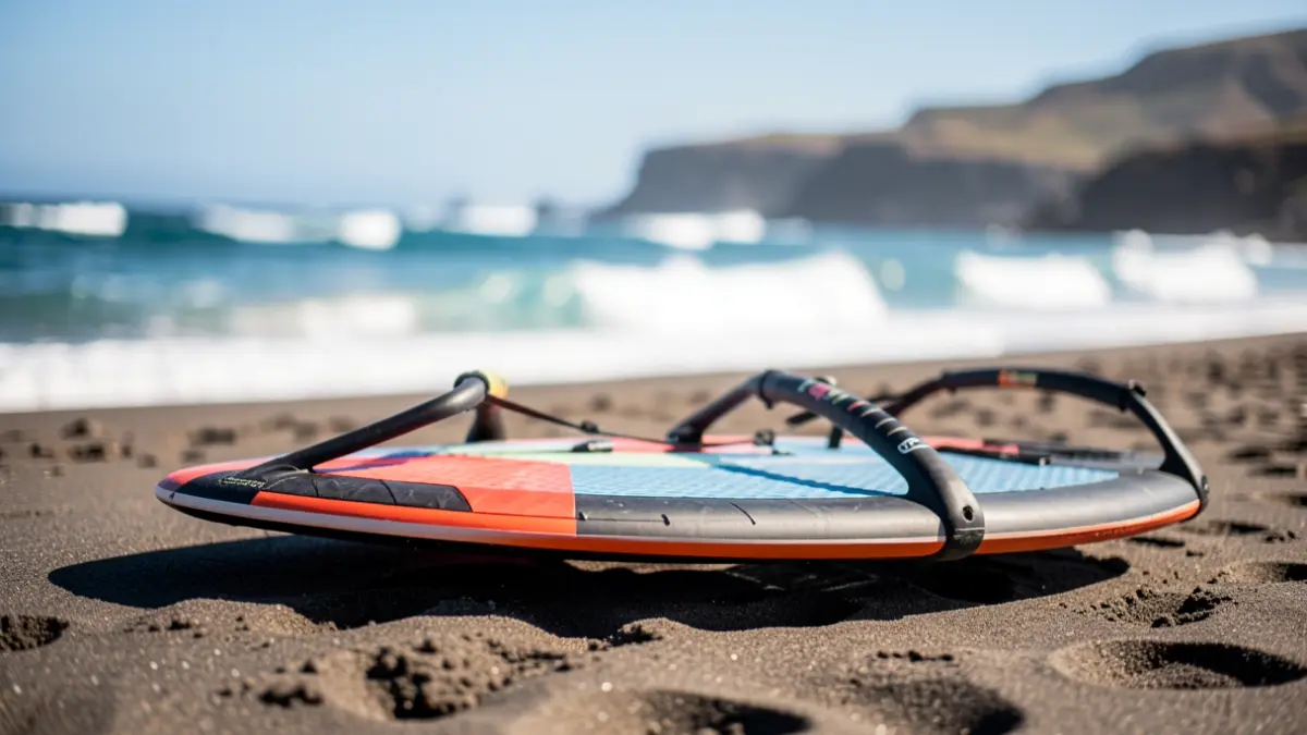 Wingfoil board on the sand of a volcanic beach in Gran Canaria.