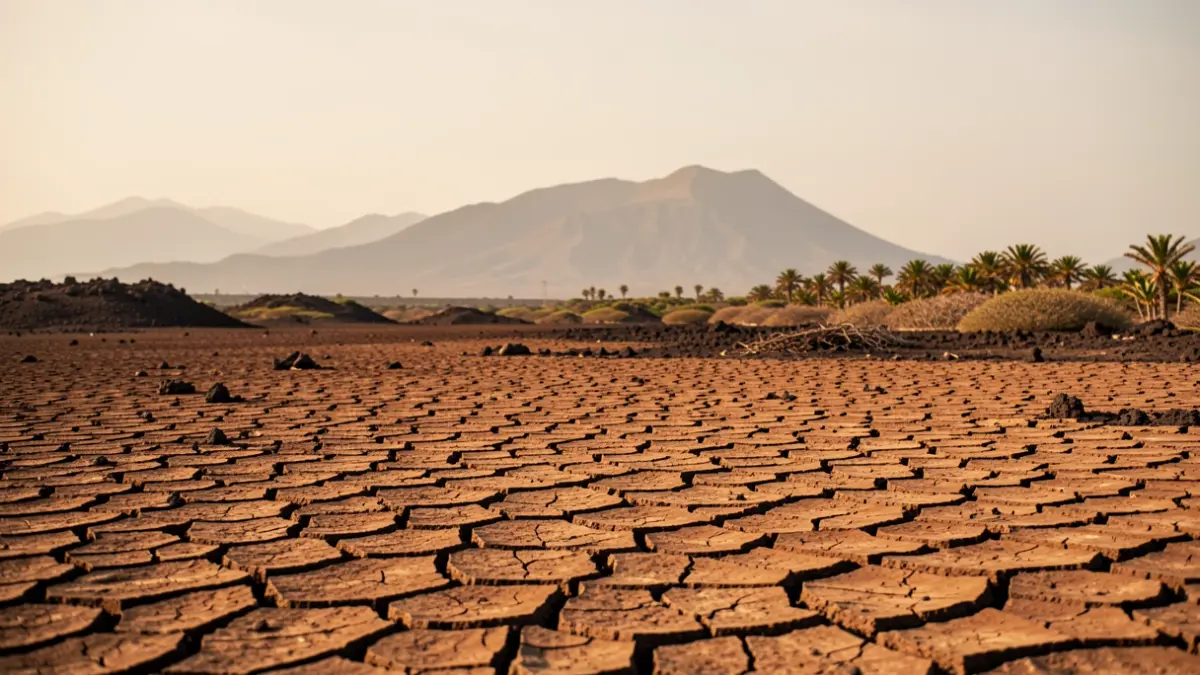 Volcanic landscape of the Canary Islands with cracked earth under a hazy sky.