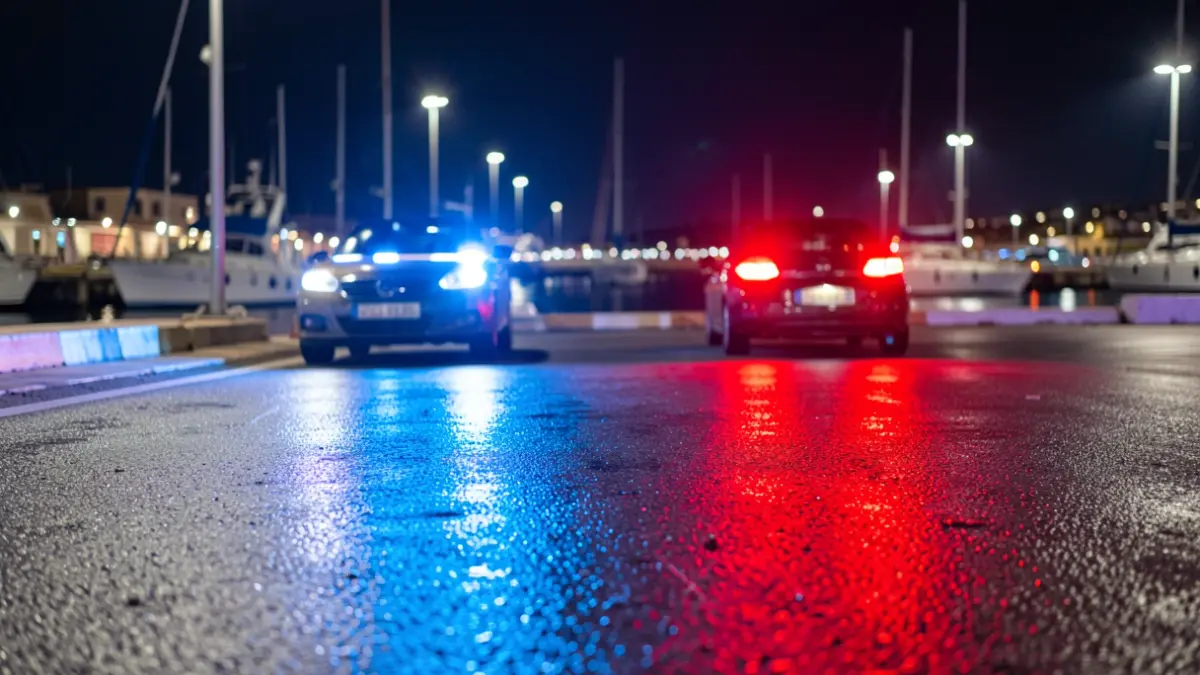 Imagen genérica de luces de emergencia policiales reflejadas en el asfalto.