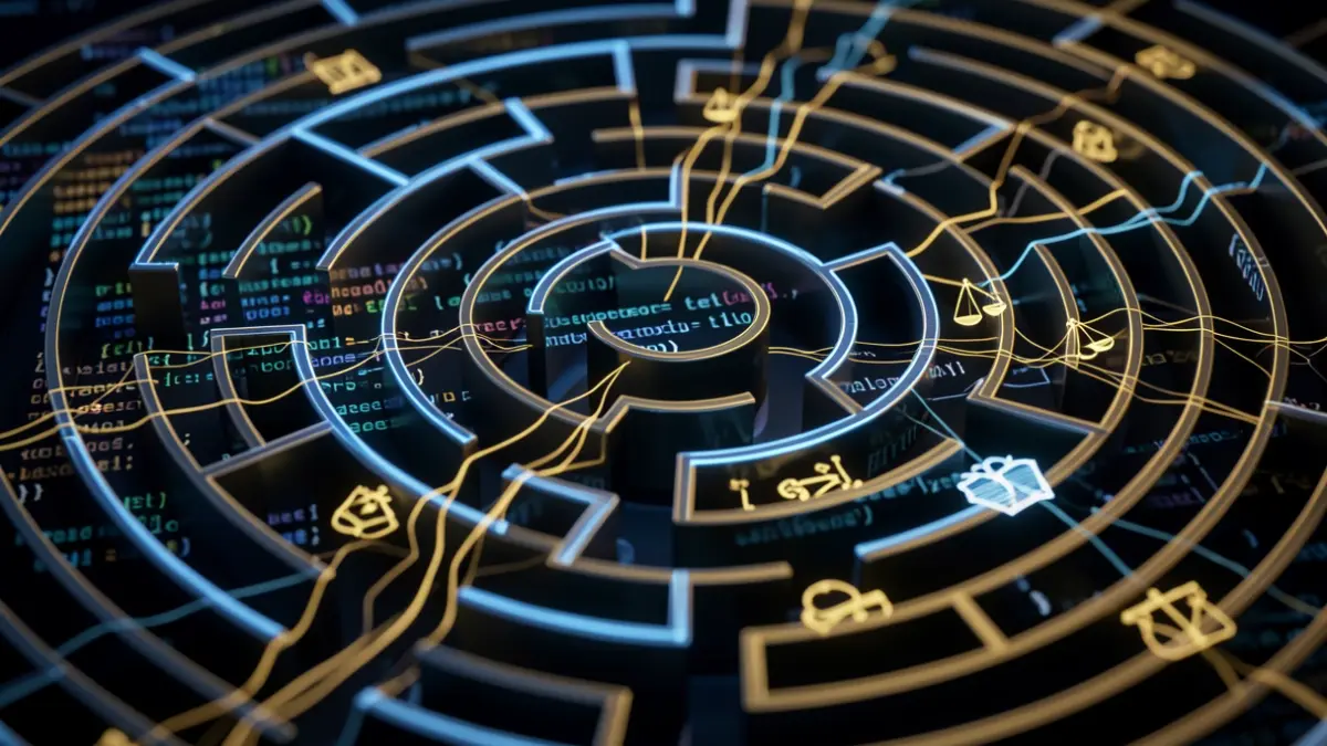 Abstract representation of a legal labyrinth with code and legal symbols.
