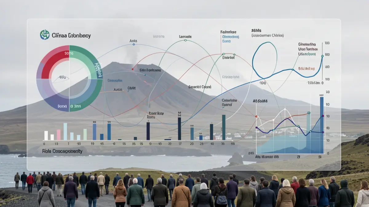 Conceptual image of climate change vulnerability assessment with abstract graphics and a volcanic landscape.