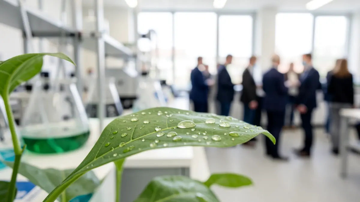Primer plano de una hoja verde con gotas de agua, representando la ciencia medioambiental, con un fondo borroso de equipo de laboratorio moderno.