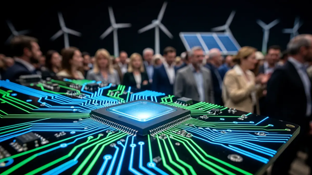 Imagen genérica de una placa de circuito electrónico con elementos de energías renovables.