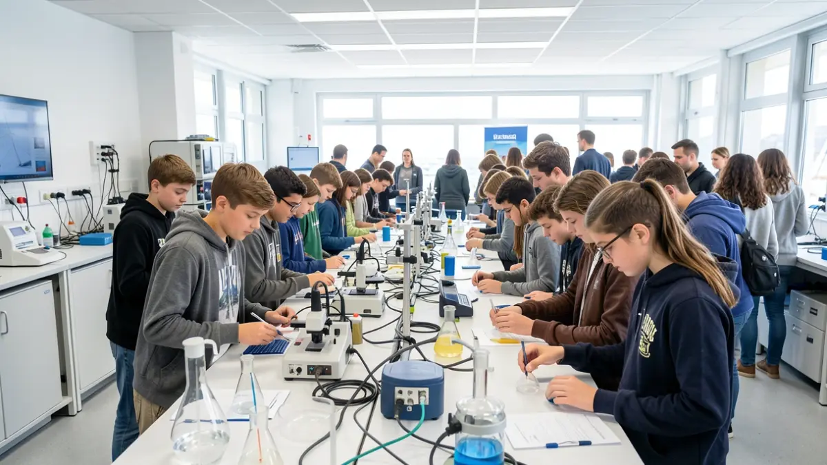 Jóvenes participando en un taller interactivo sobre energías renovables e hidrógeno en un centro de investigación marina en Gran Canaria.