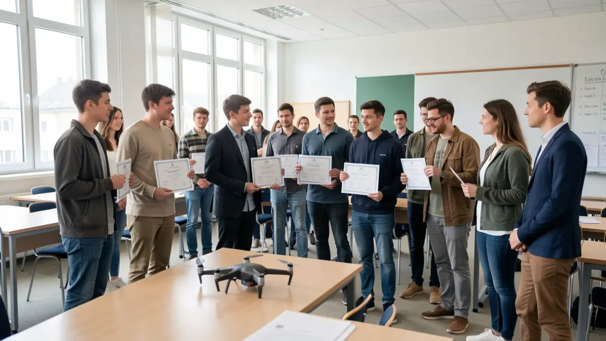 Jóvenes recibiendo diplomas de piloto de drones en Fuerteventura.