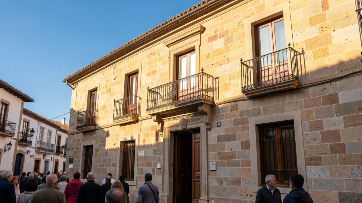 Fachada de un ayuntamiento tradicional canario con balcón de hierro y luz de tarde.